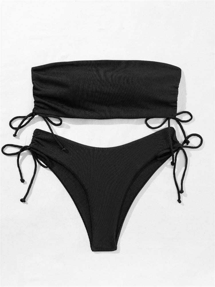 Set Bikini de vară Tubular cu Cordon - Culori Unice, Plajă -