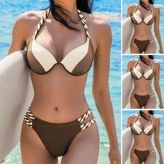 Women's Fashion Temperament Color Matching Triangle High Waist Bikini Swimsuit Two-piece -