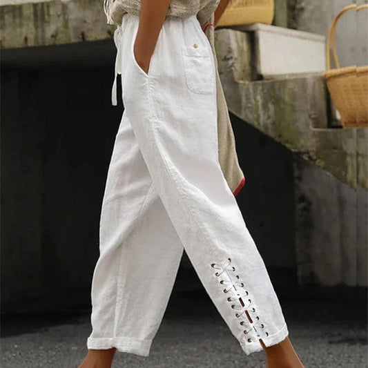 Cotton Linen Solid Color Pocket Sweet Stitching Casual Pants -