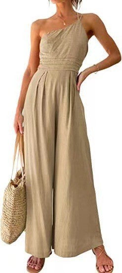 New Solid Color Loose Wide-leg Cotton And Linen Jumpsuit -