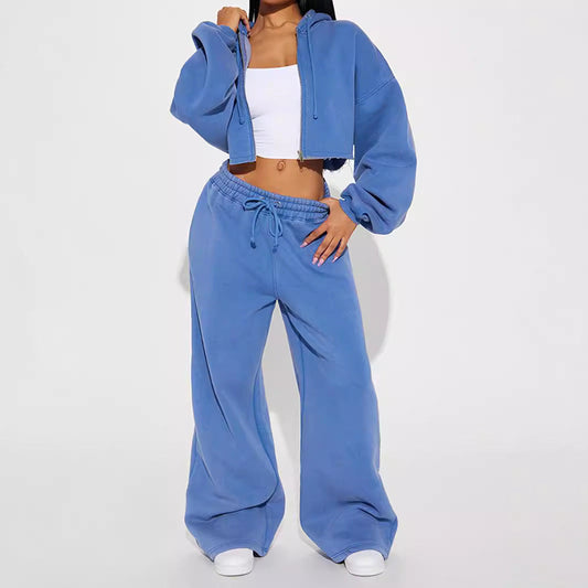European And American Hooded Front Cardigan Zipper Sweater Wide Leg Loose Trousers Suit -