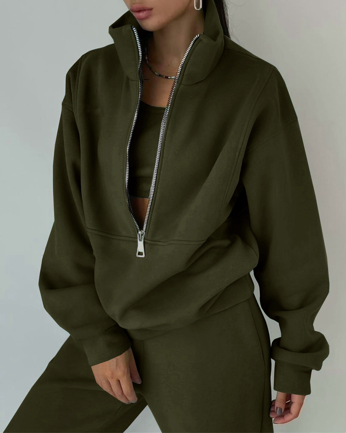 Stand Collar Suit Zip Up Crop Sportswear Long Sleeve Sweatshirt And Trousers For Spring Fall Women's Clothing -