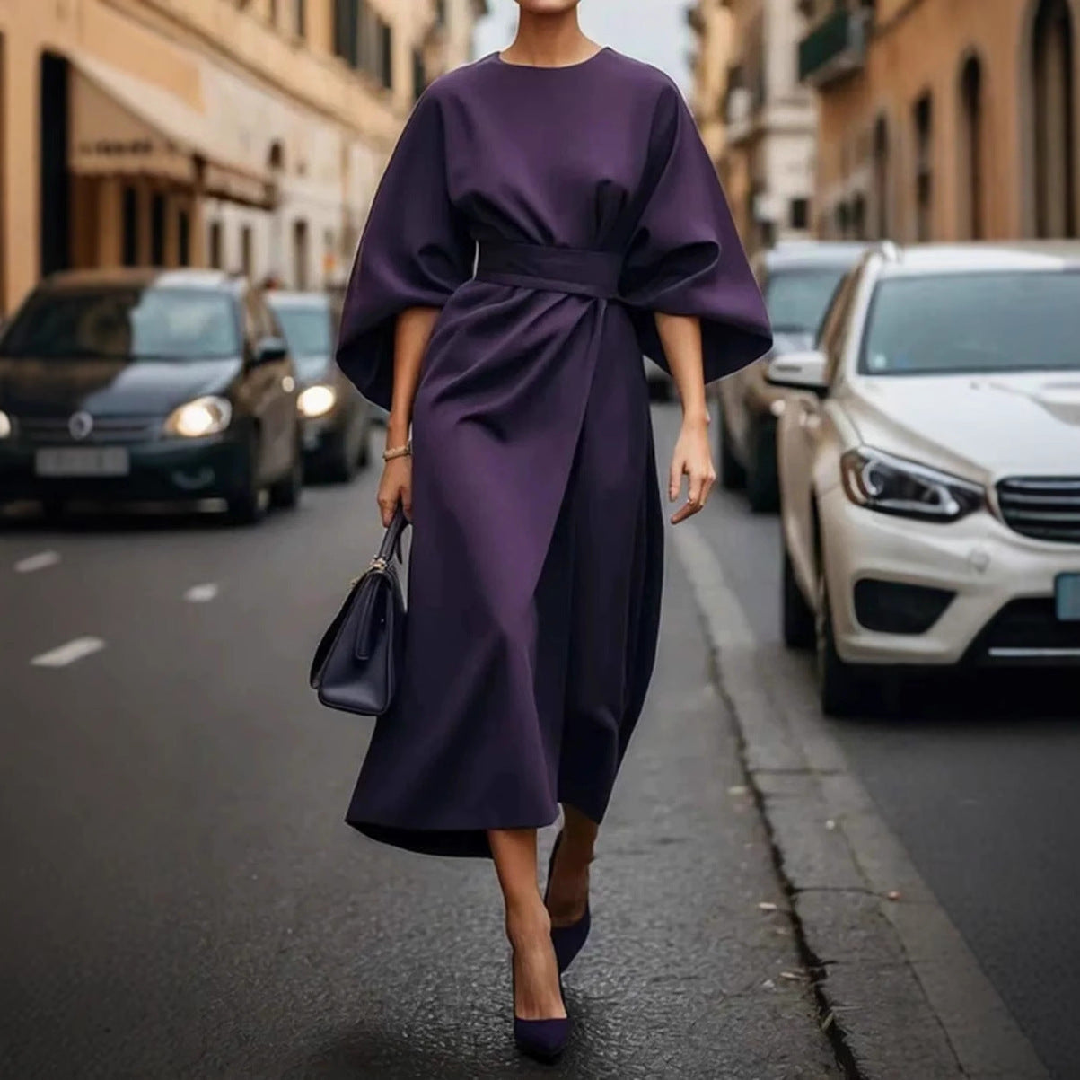 Loose Batwing Sleeve Dress Fashion Waist-tighted Solid Color Elegant Dresses For Women Clothing -