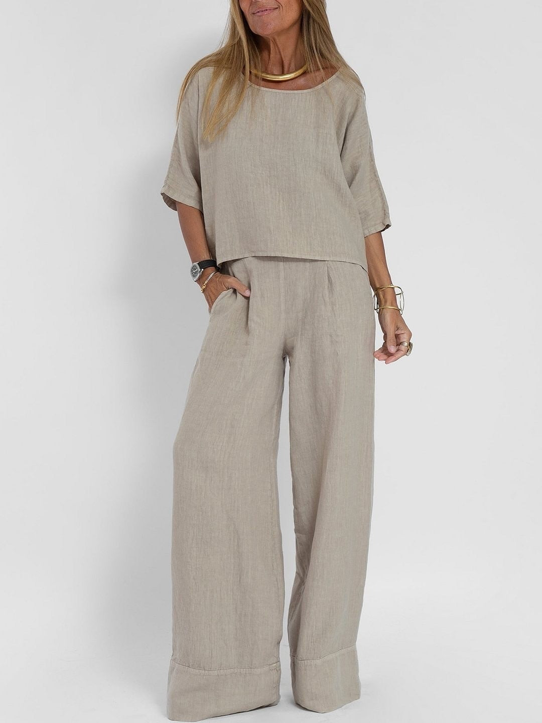 Women's Cotton And Linen Casual Cropped Sleeves Wide-leg Pants Suit -