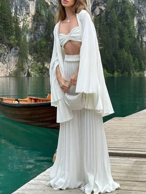 White Pleated Vest Cardigan Three-piece Wide-leg Pants Suit -