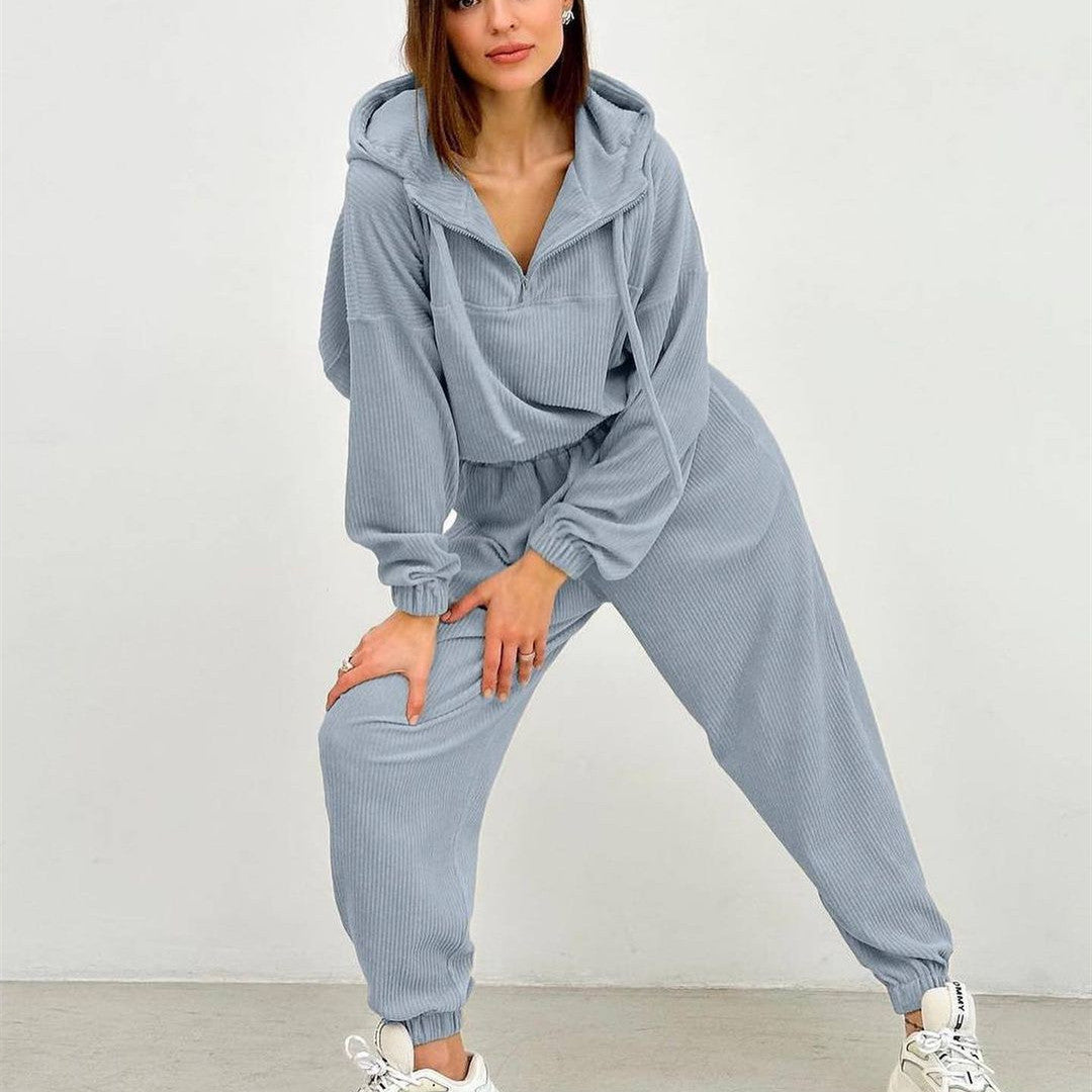 Women's Fashion Minimalist Long Sleeve Hooded Zipper Trousers Suit -