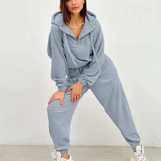 Women's Fashion Minimalist Long Sleeve Hooded Zipper Trousers Suit -