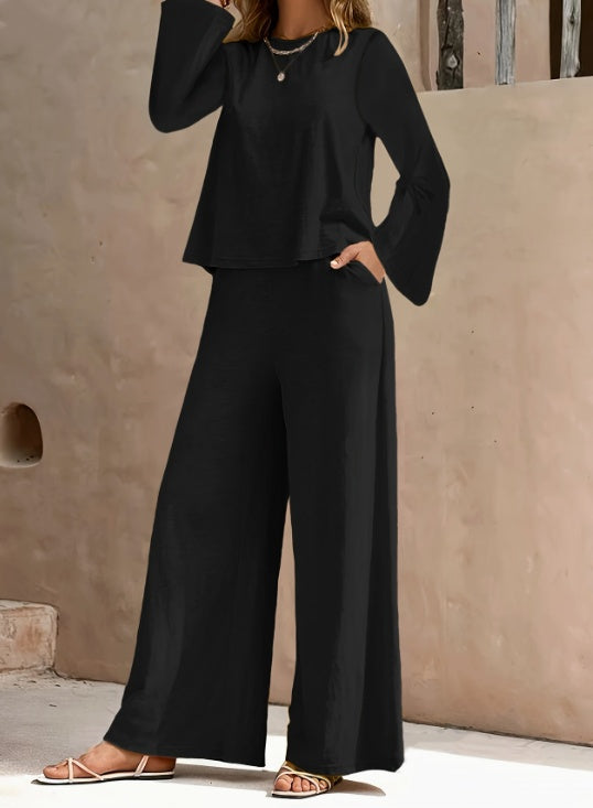 Spring And Autumn Solid Color Simple Round Neck Long Sleeve Side Pocket High Waist Wide Leg Trousers Set -