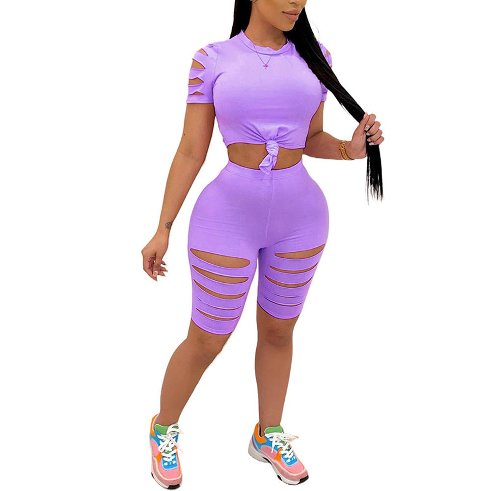 Fashion Casual Sports Suit Broken Hole Women Clothing -