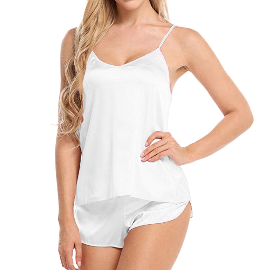Summer Women's V-neck Lace Camisole Shorts Pajama Set -