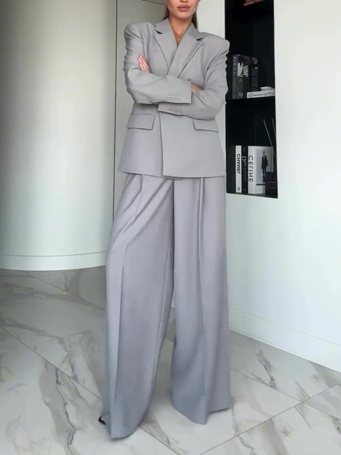 Gray Single-button Blazer & Wide-leg Pants Suit -
