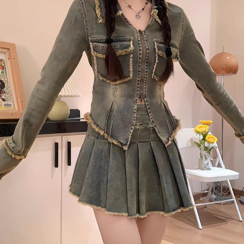 Hot Girl Washed Frayed Hem Denim Short Coat Two-piece Suit -