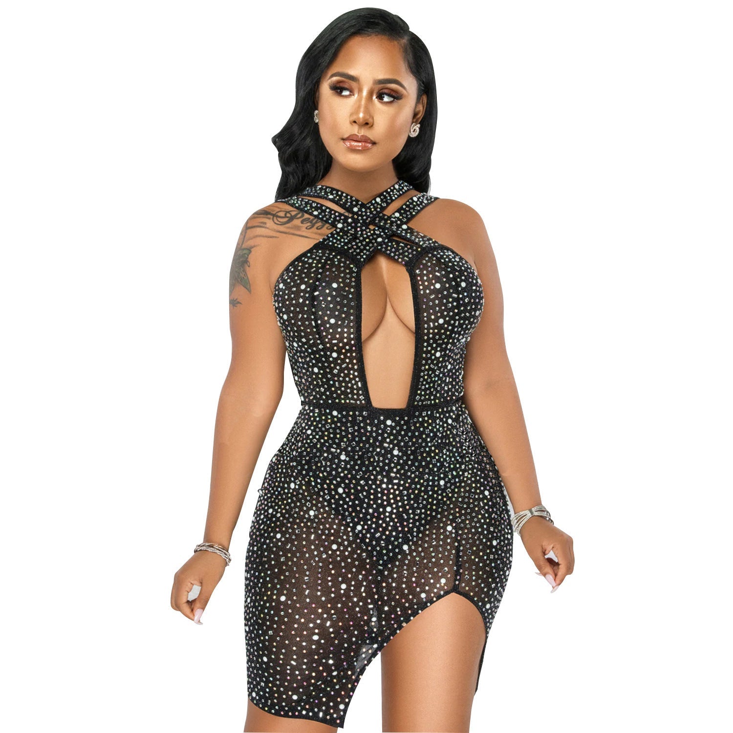 Women's Sexy Mesh Hot Drilling Nightclub Party Dress -