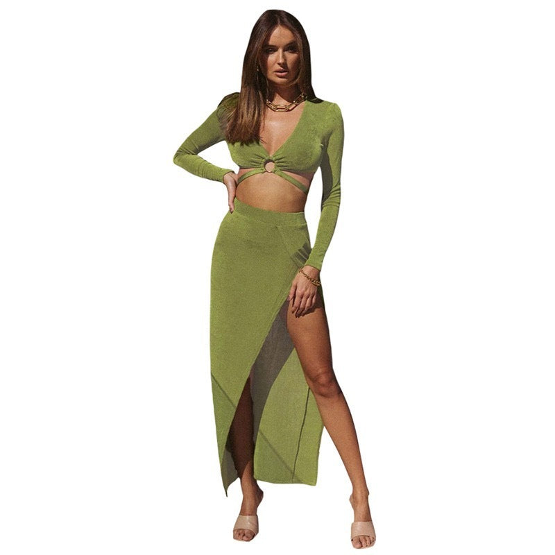 Women's Fashion Long Sleeve High Waist Skirt Casual Suit -