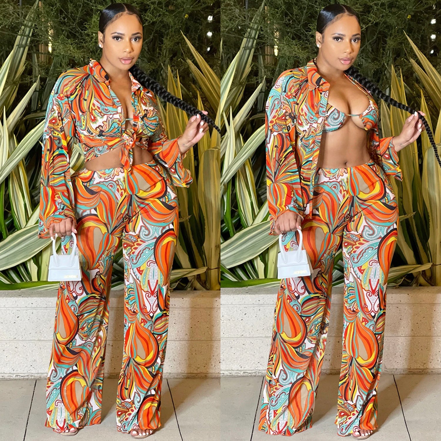 Sexy Mesh Sheer Print Long Sleeve Three Piece -