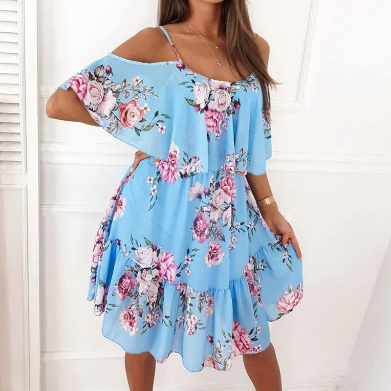 Rochie Vară Off-Shoulder Volane - Bretele Suspender, Floral Romantic, Culori VII -
