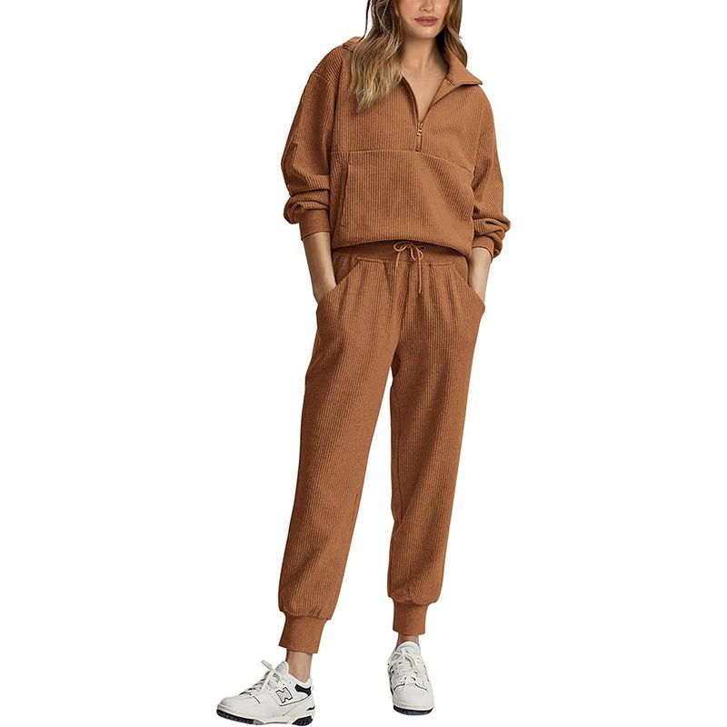 Fashion Casual Long Sleeve Half Zip Sweatshirt Two-piece Set -