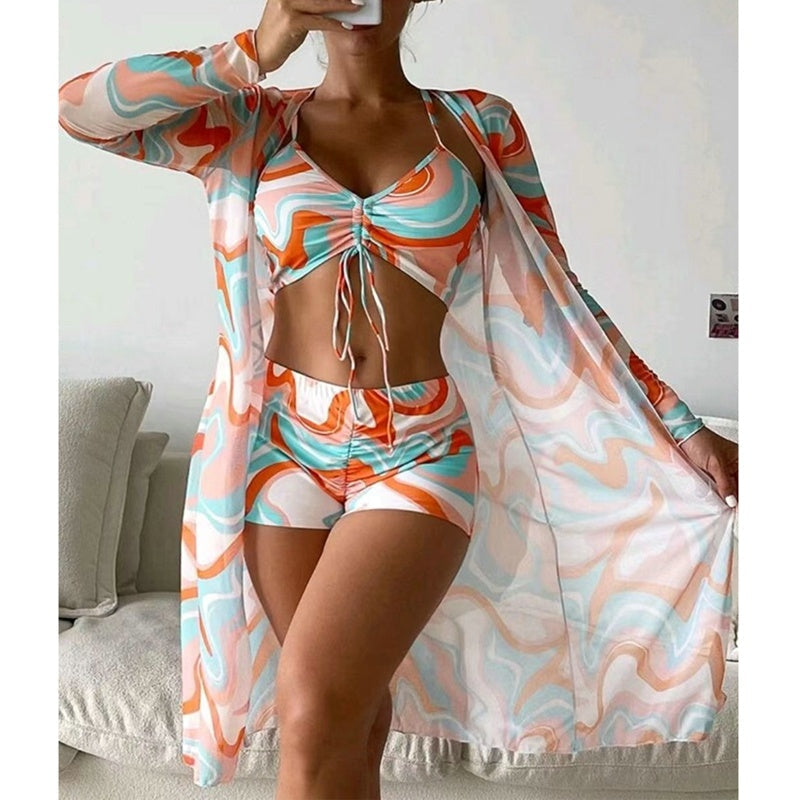 Swimsuit Female Split Three-piece Set High Waist Long Sleeve Smock Drawstring Suit -