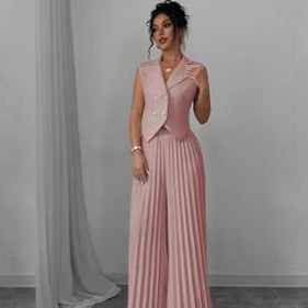 Summer Sleeveless Suit Fashion Lapel Button Vest Top And Pleated Straight Pants Women's Trousers Set Clothing JOJO Lingerie