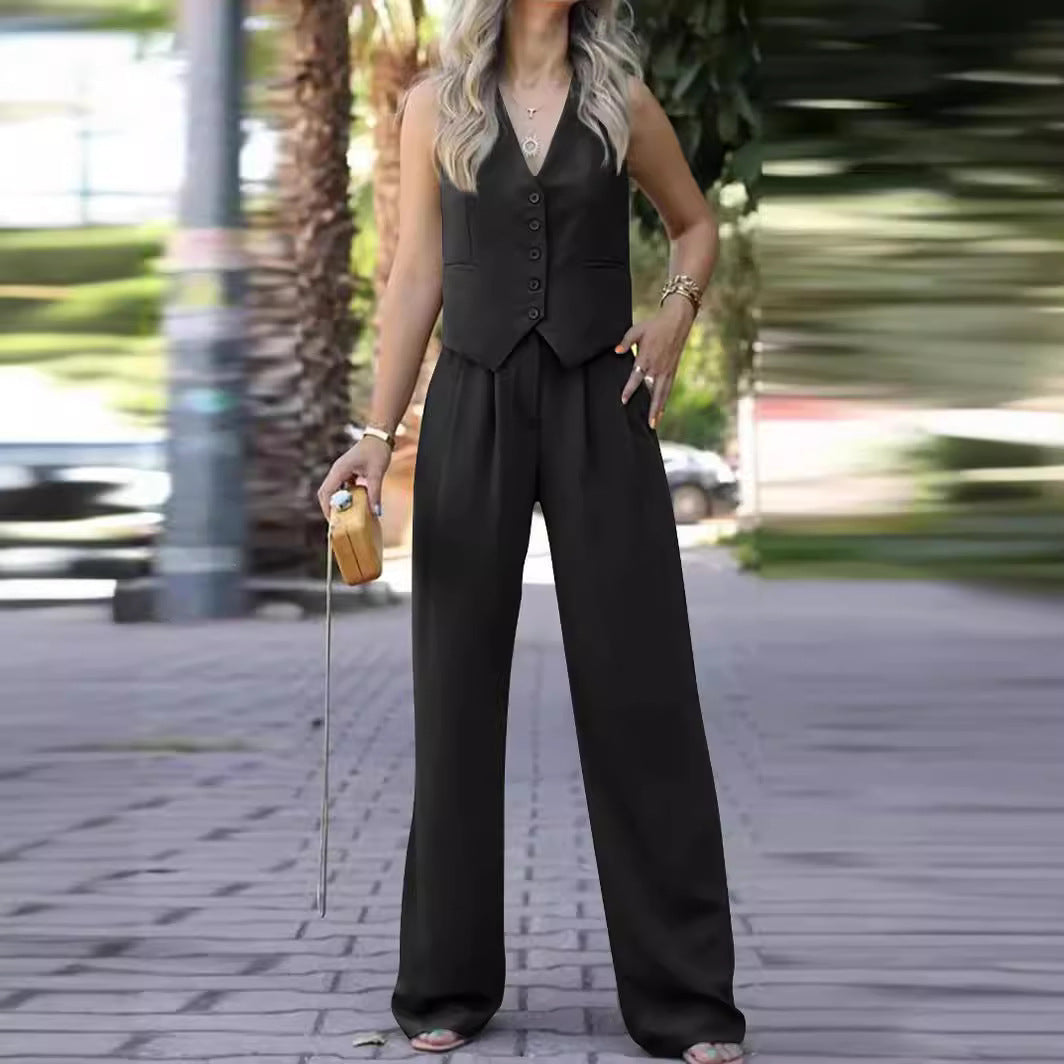 V-neck Sleeveless Waistcoat Vest Drooping Wide-leg Pants Suit -
