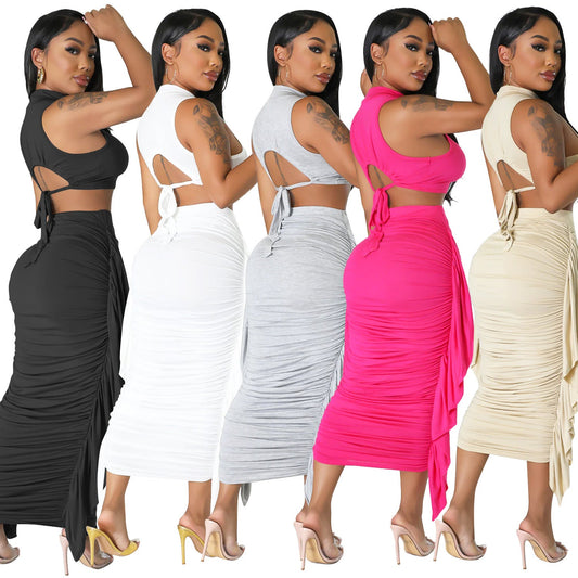 Women's Tight Tassel Sleeveless Two-piece Suit -