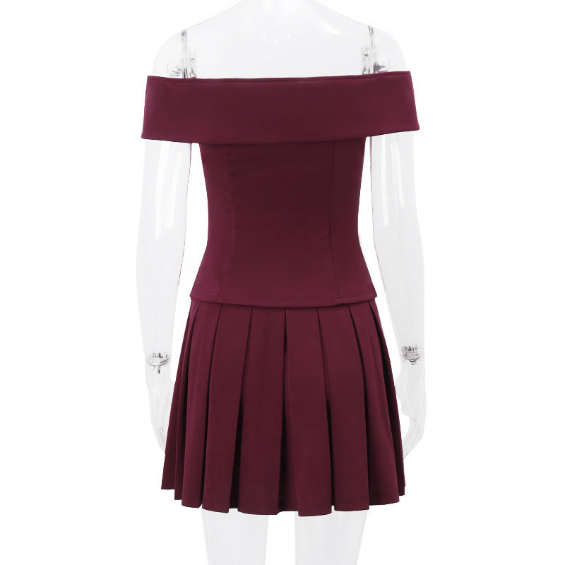 Elegant Suit Double-breasted Off-shoulder Top And Pleated Skirt Womens Clothing -