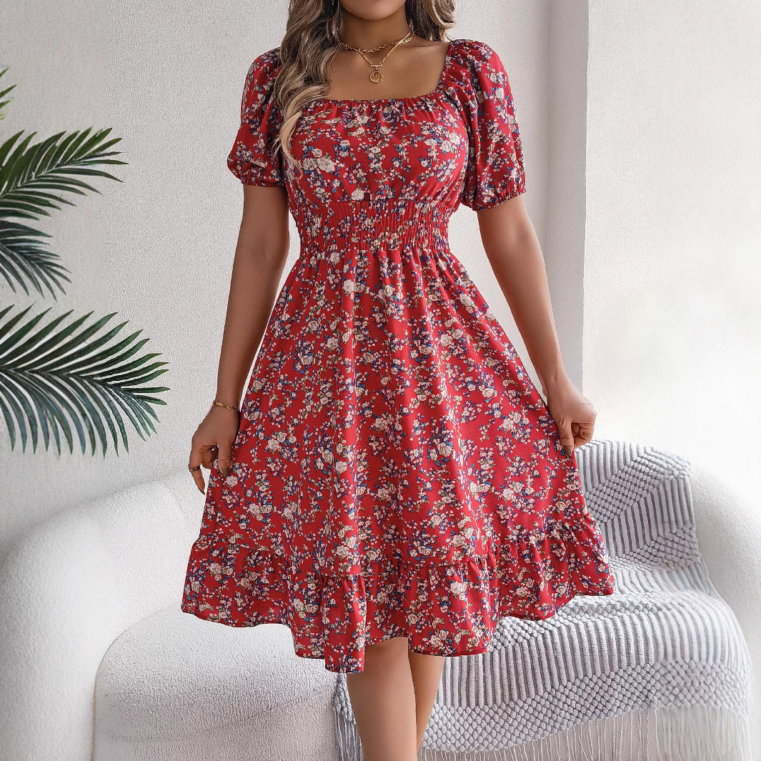 Rochie Vară Florală cu Volane și Guler Pătrat -