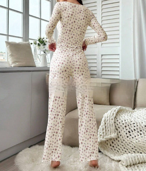 Small Floral Print Lettuce Edge Lace Collar Button Pajamas Suit -