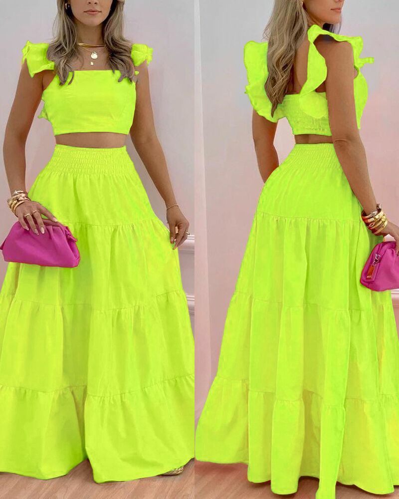 Women's New Solid Color Mid Waist Big Swing Two Piece Dress -