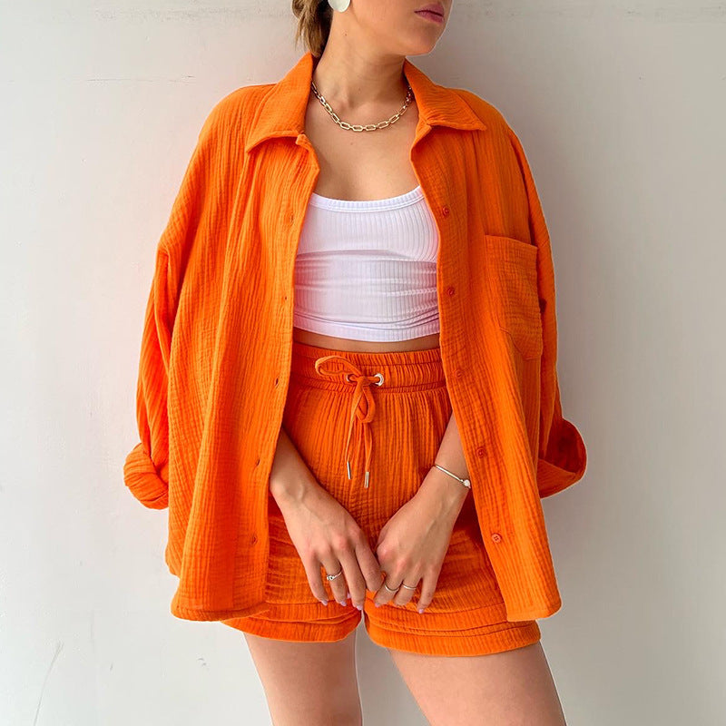Women's Wrinkled Fabric Lapel Long Sleeved Shirt Shorts Fashion Casual Set -