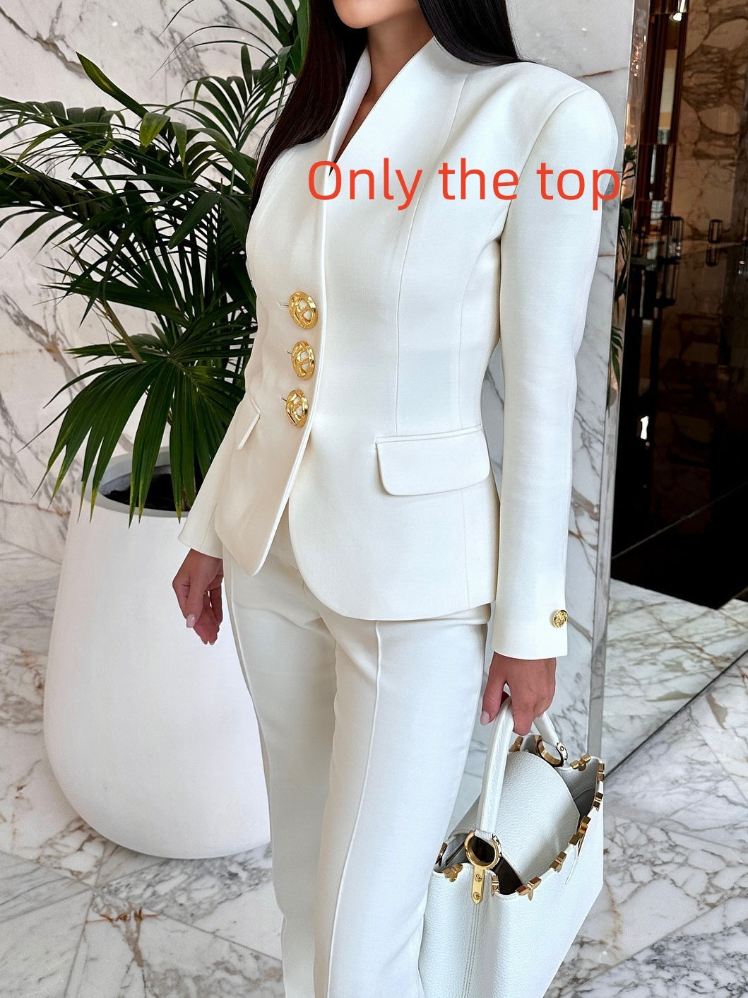 Solid Color Single-breasted Blazer & High-waisted Pants Set -