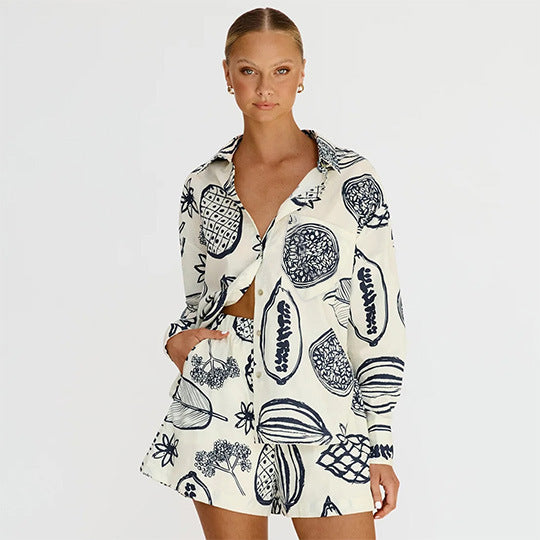 Early Autumn Casual Premium Fruit Printed Shorts Cardigan Suit -
