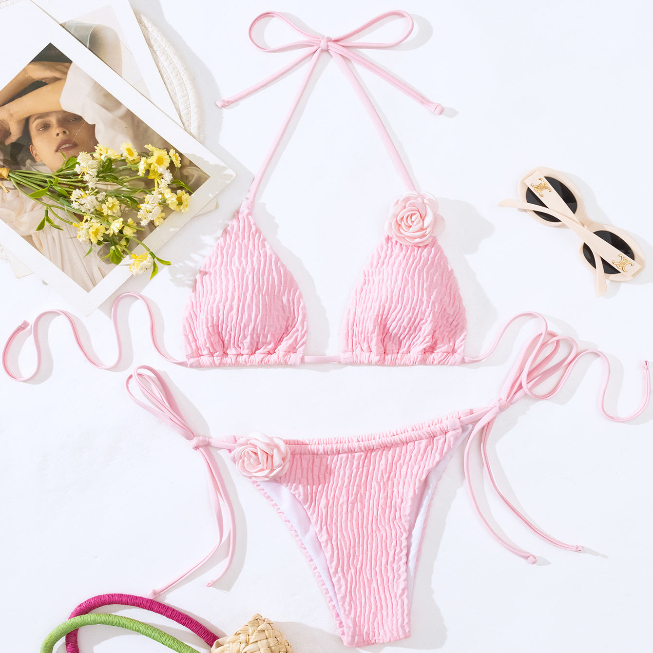 3D Three-dimensional Flowers Bikini Set Beach Summer Sexy Solid Color Side Tie Thong Swimsuit Womens Clothing -