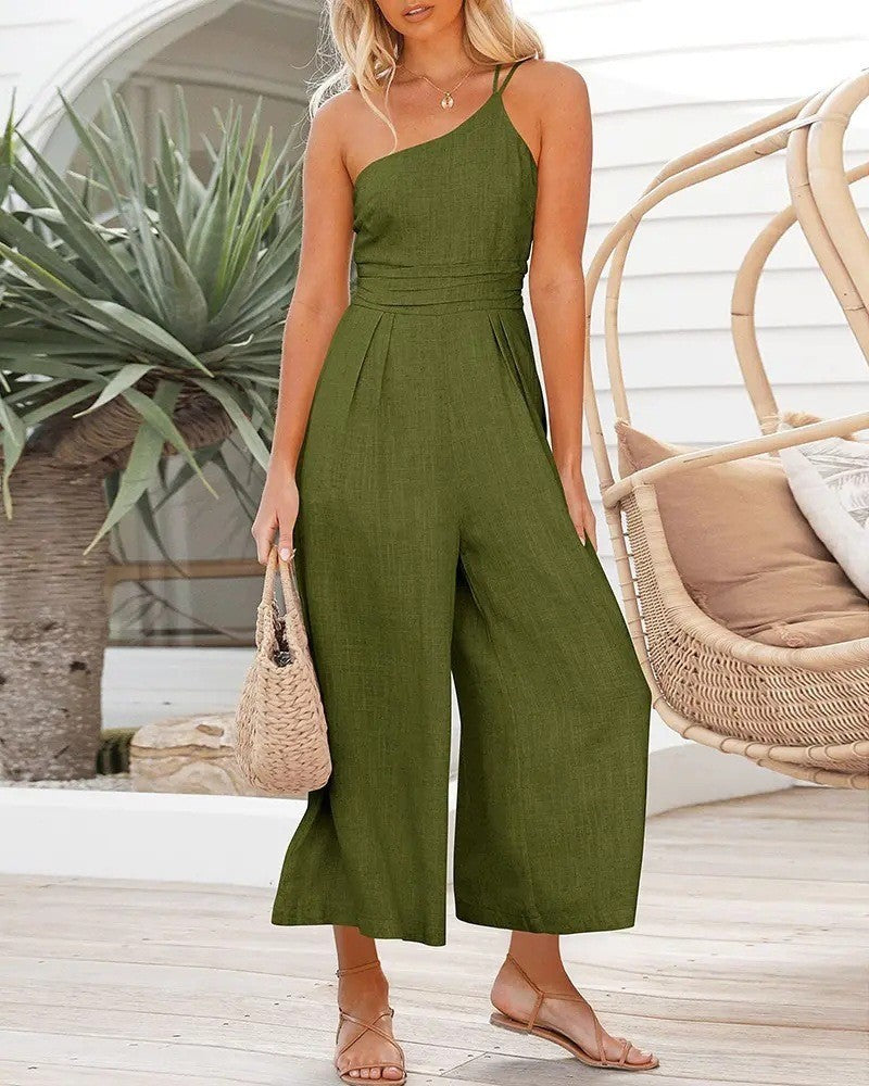 New Solid Color Loose Wide-leg Cotton And Linen Jumpsuit -