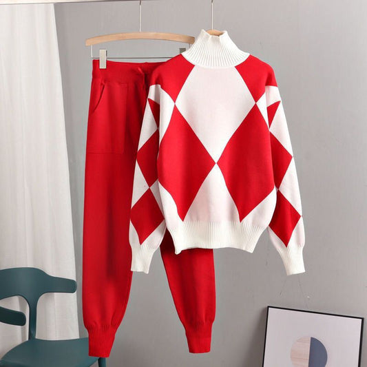 Women's Long Sleeved Trousers Knitted Two-piece Set -
