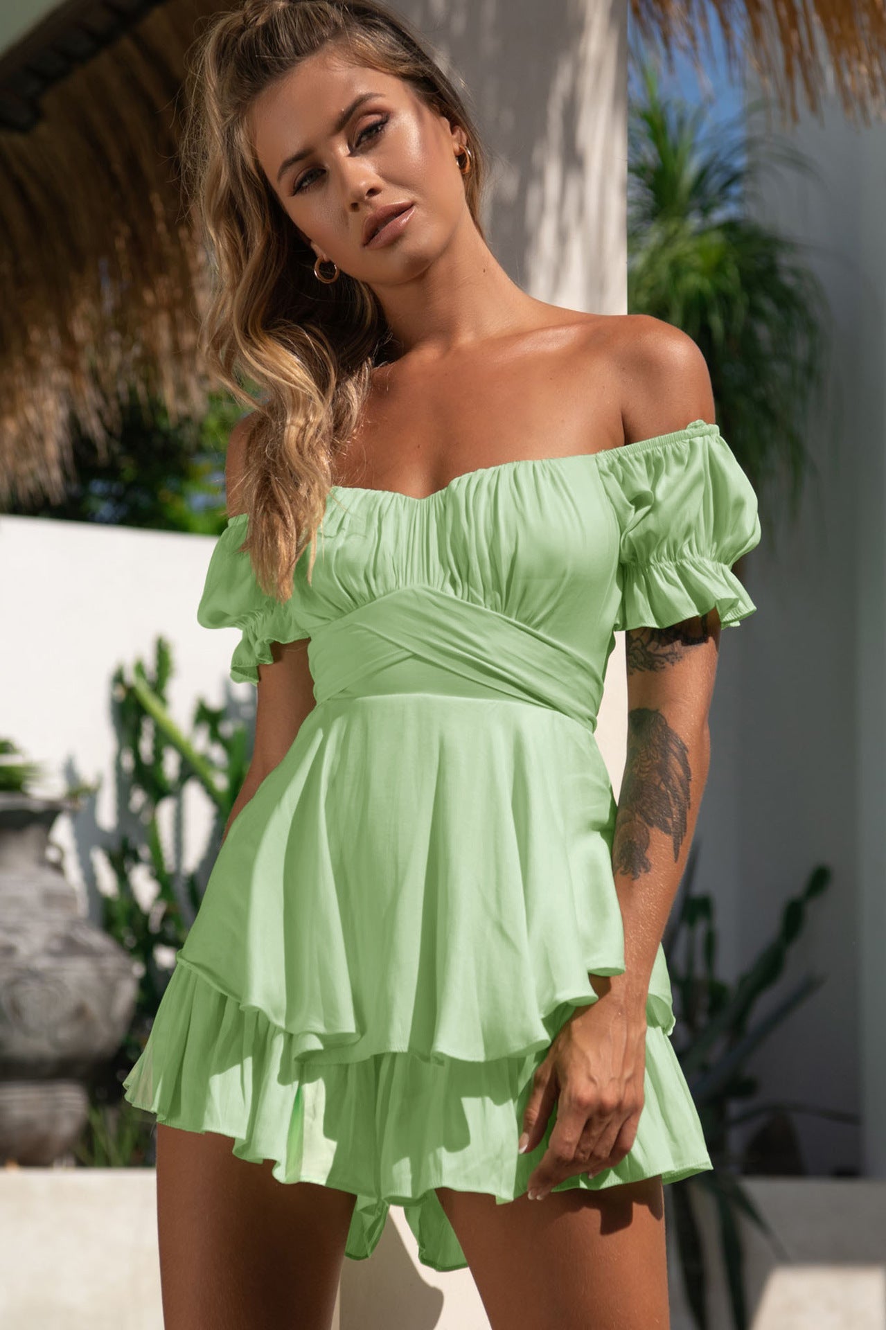 Jumpsuit Solid Color Off-neck Lantern Ruffle Sleeve Casual Women's Clothing -