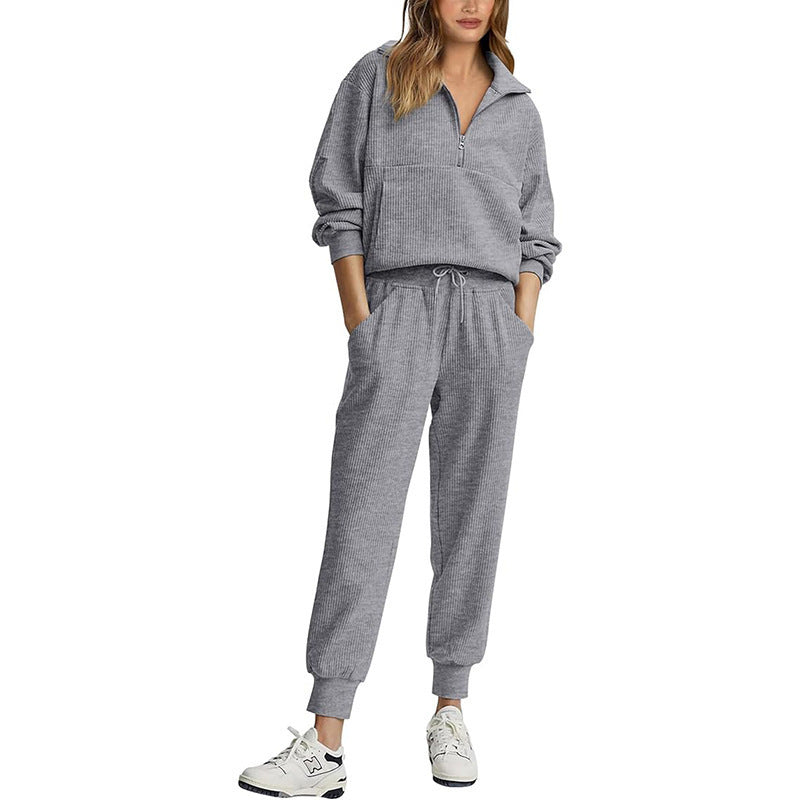 Fashion Casual Long Sleeve Half Zip Sweatshirt Two-piece Set -