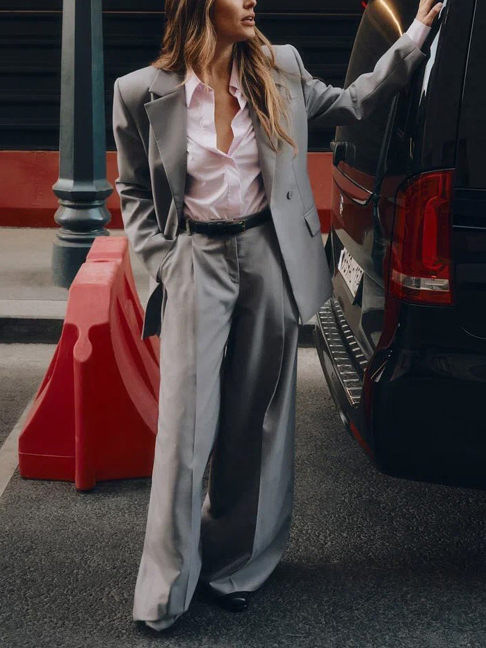 Gray Single-button Blazer & Wide-leg Pants Suit -