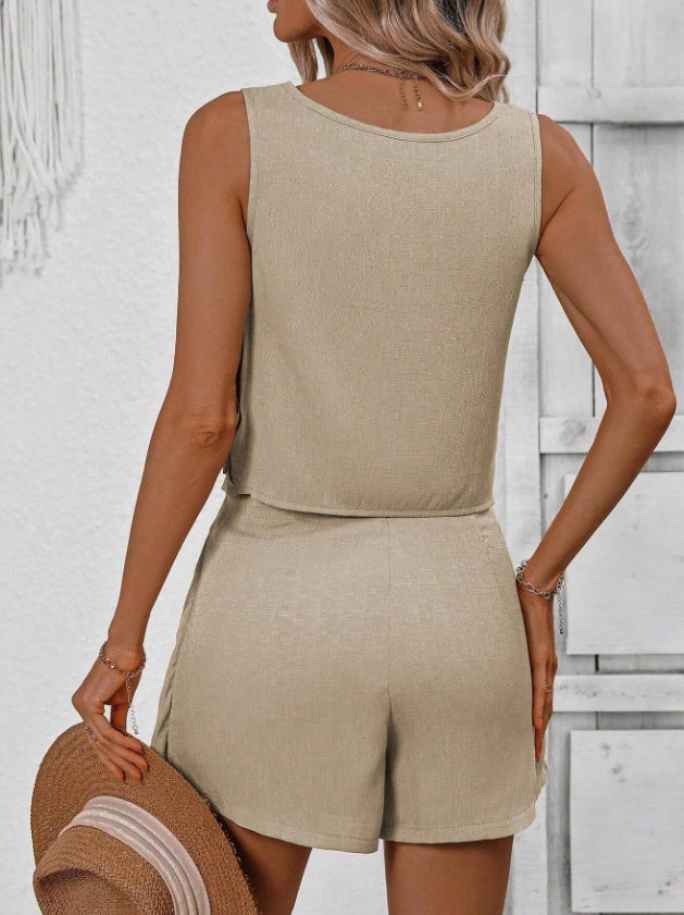 Fashion Casual Women's Solid Color Short Sleeve Suit -