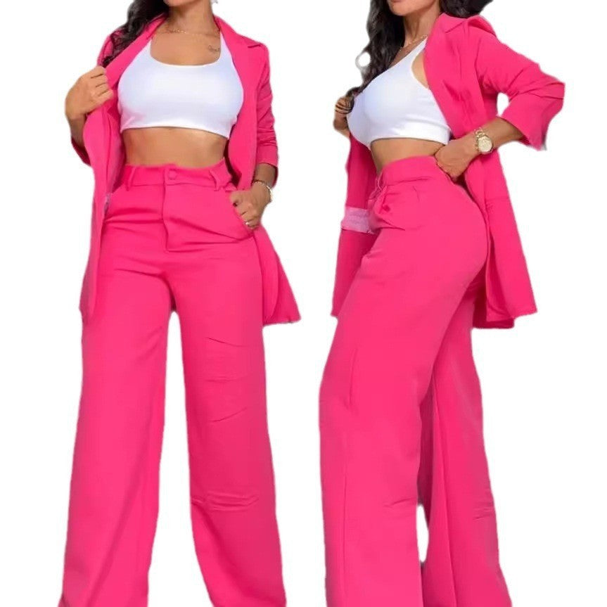 Pure Color Split Sleeve Lapel Suit Straight-leg Pants Suit Women -