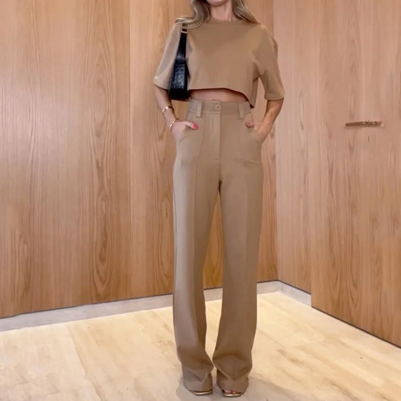 Straight Leg Trousers Solid Two-piece Set -