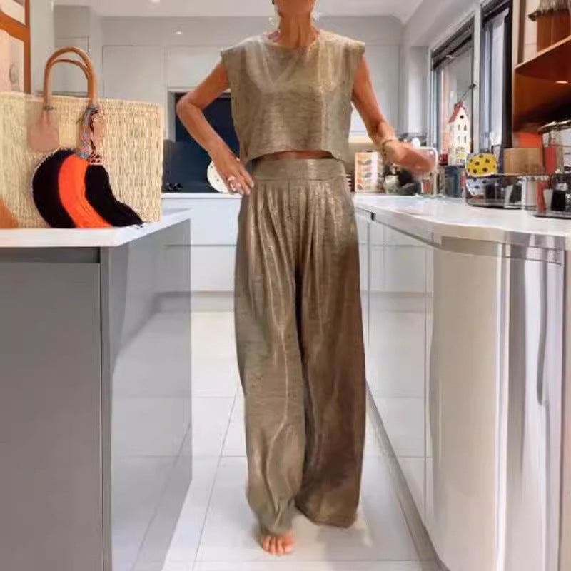 Women's Casual Glossy Vest Wide Leg Pants Two-piece Suit -