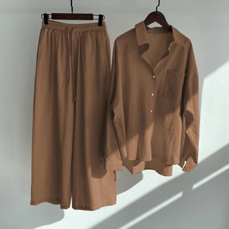 Cross-border Women's Ancient Cotton And Linen Shirt Outfit High Waist Loose Trousers -
