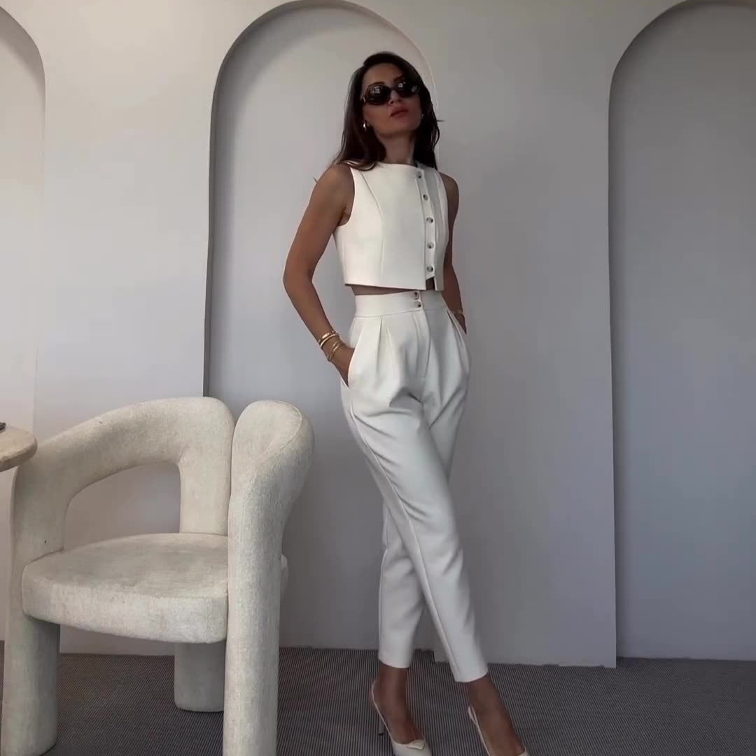 Sleeveless Vest Top High Waist Straight Pants Solid Color Two-piece Set -