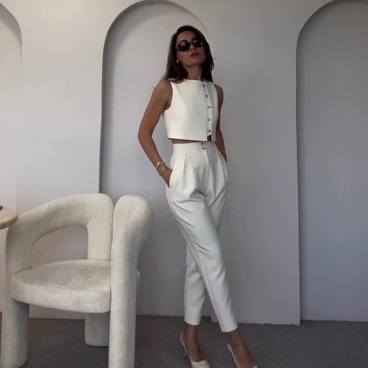 Sleeveless Vest Top High Waist Straight Pants Solid Color Two-piece Set -