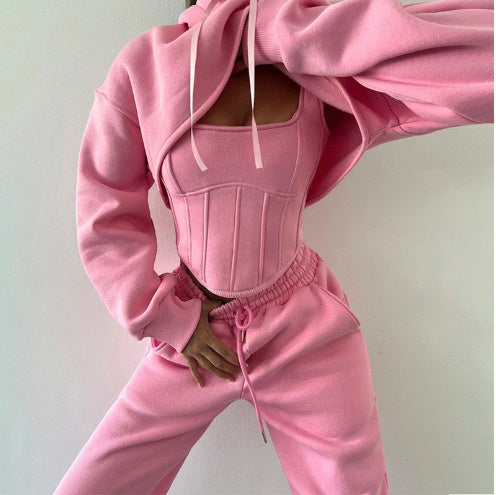 Gray Waist Hooded Short Sweater Ankle Banded Pants Three-piece Set -