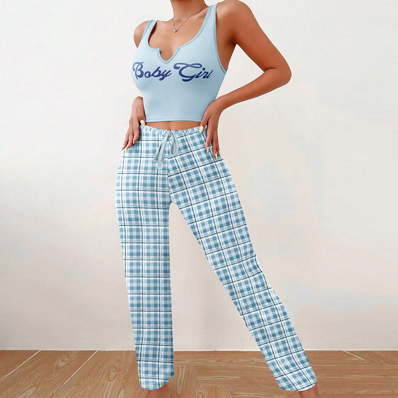 Spring Summer Women's Casual Pajamas Home Wear Vest Color Matching Plaid Trousers Letter Print Top Ladies 2 Pcs Home Clothes Sleepwear -