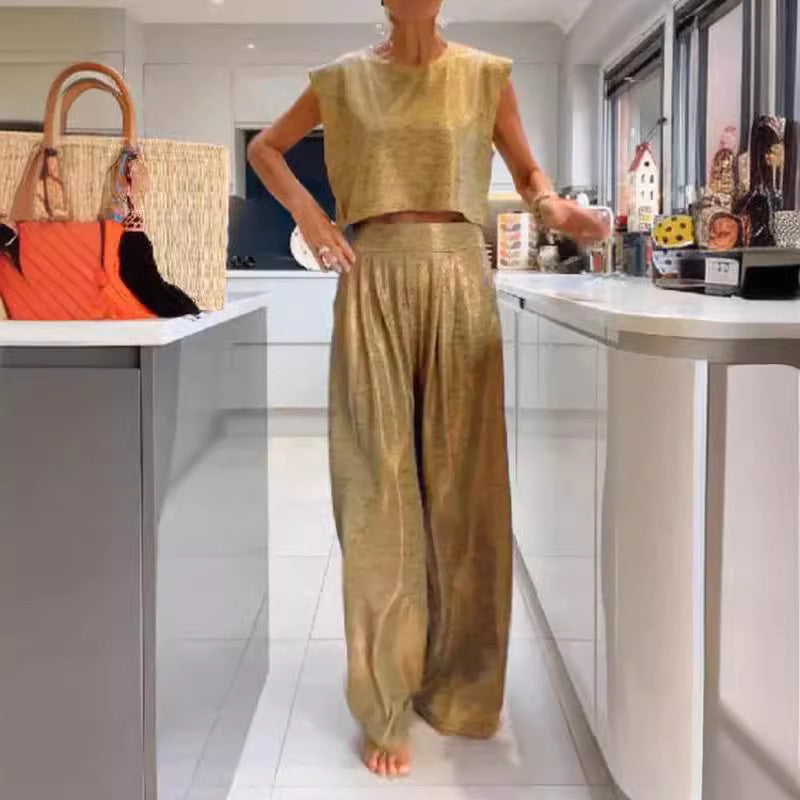 Women's Casual Glossy Vest Wide Leg Pants Two-piece Suit -