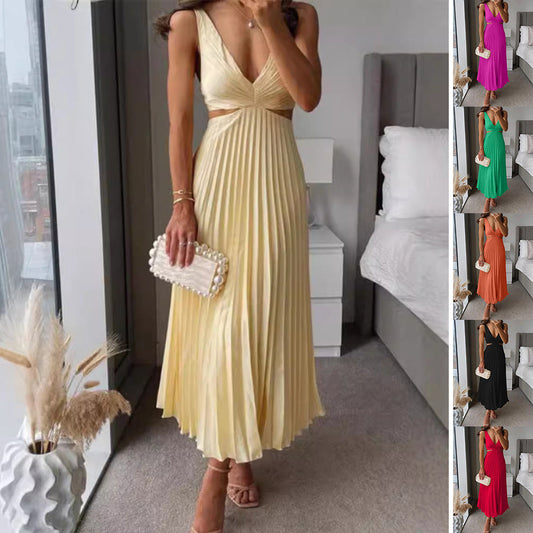 Rochie de Vară cu Curele, V-Neck - Talie Decupată, Spate Liber -