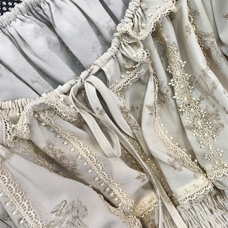 Printed Waist Lace One Word Collar Top Temperament -
